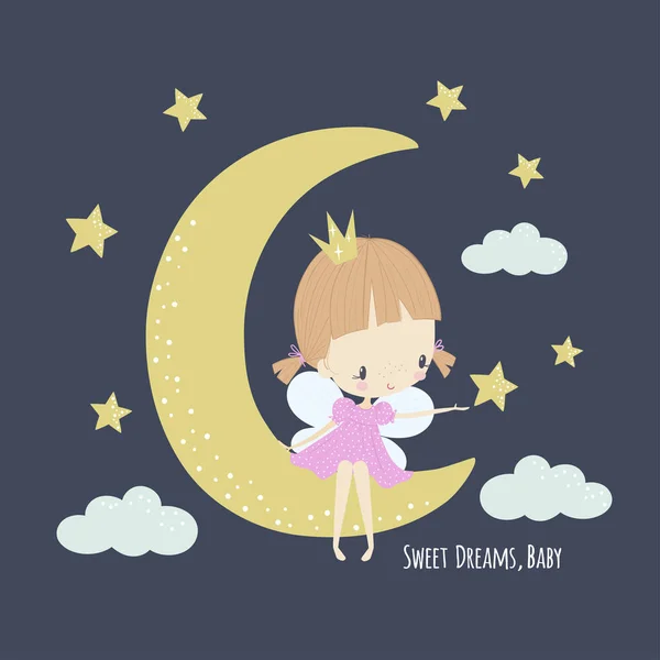 Cute little fairy in pink dress on the moon — Stock Vector