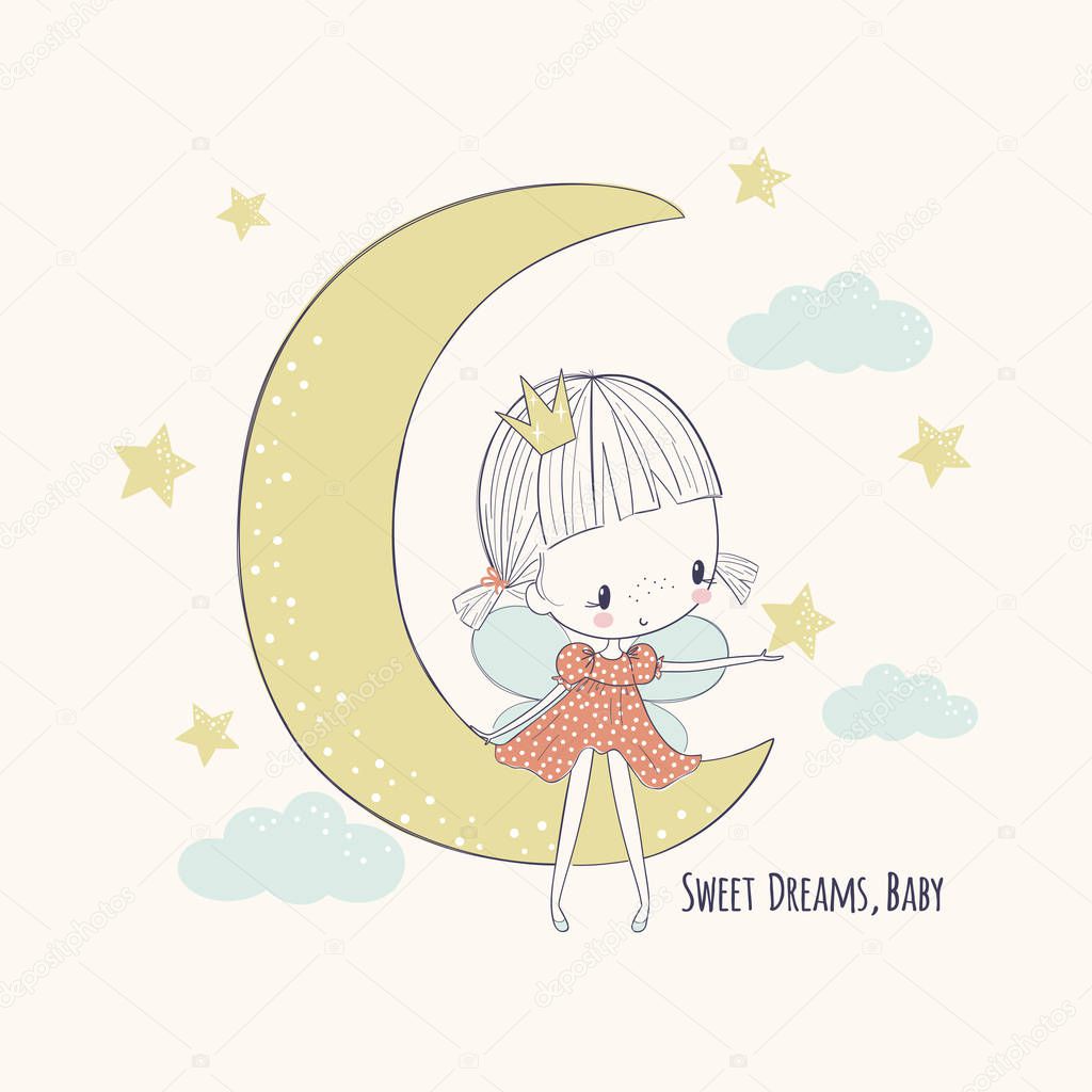 Cute little fairy on the moon. Girlish vector illustration