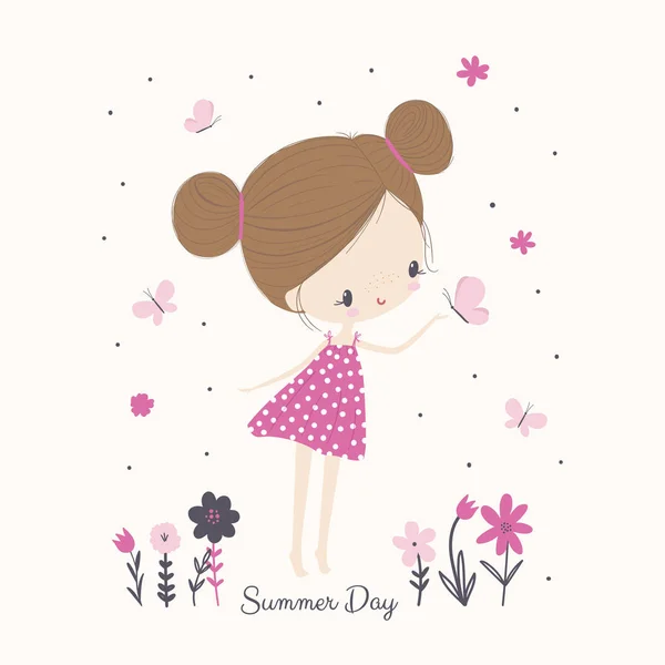 Kleines Mädchen mit Schmetterlingen und Blumen. Zeichentrickvektorillustration — Stockvektor