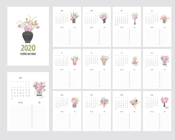 Mão desenhar calendário 2020 e planejador com flores do jardim — Vetor de Stock