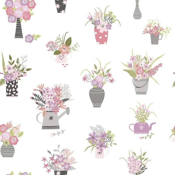 Plantas de jardim mão desenhar desenho animado sem costura padrão. Vector illustr —  Vetores de Stock