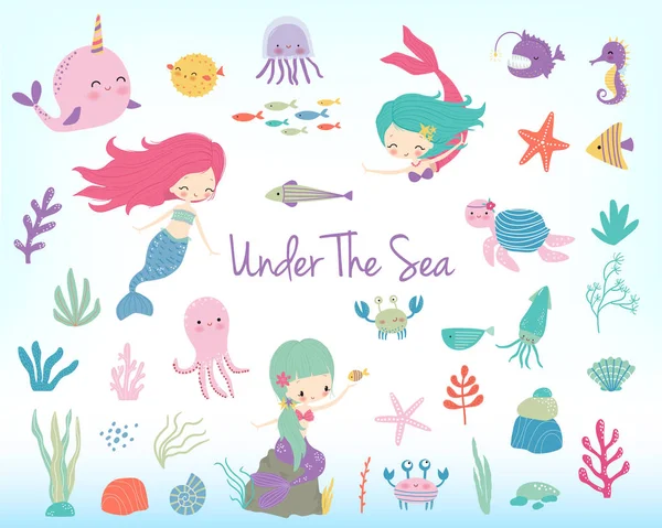 Mermaids, sea animals and sea plants — Stock Vector