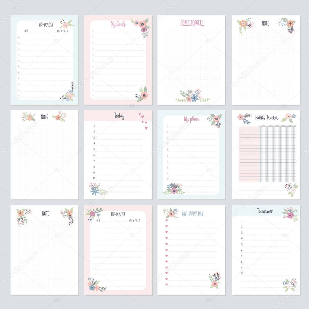 Set of planners and to-do lists with flowers for kids