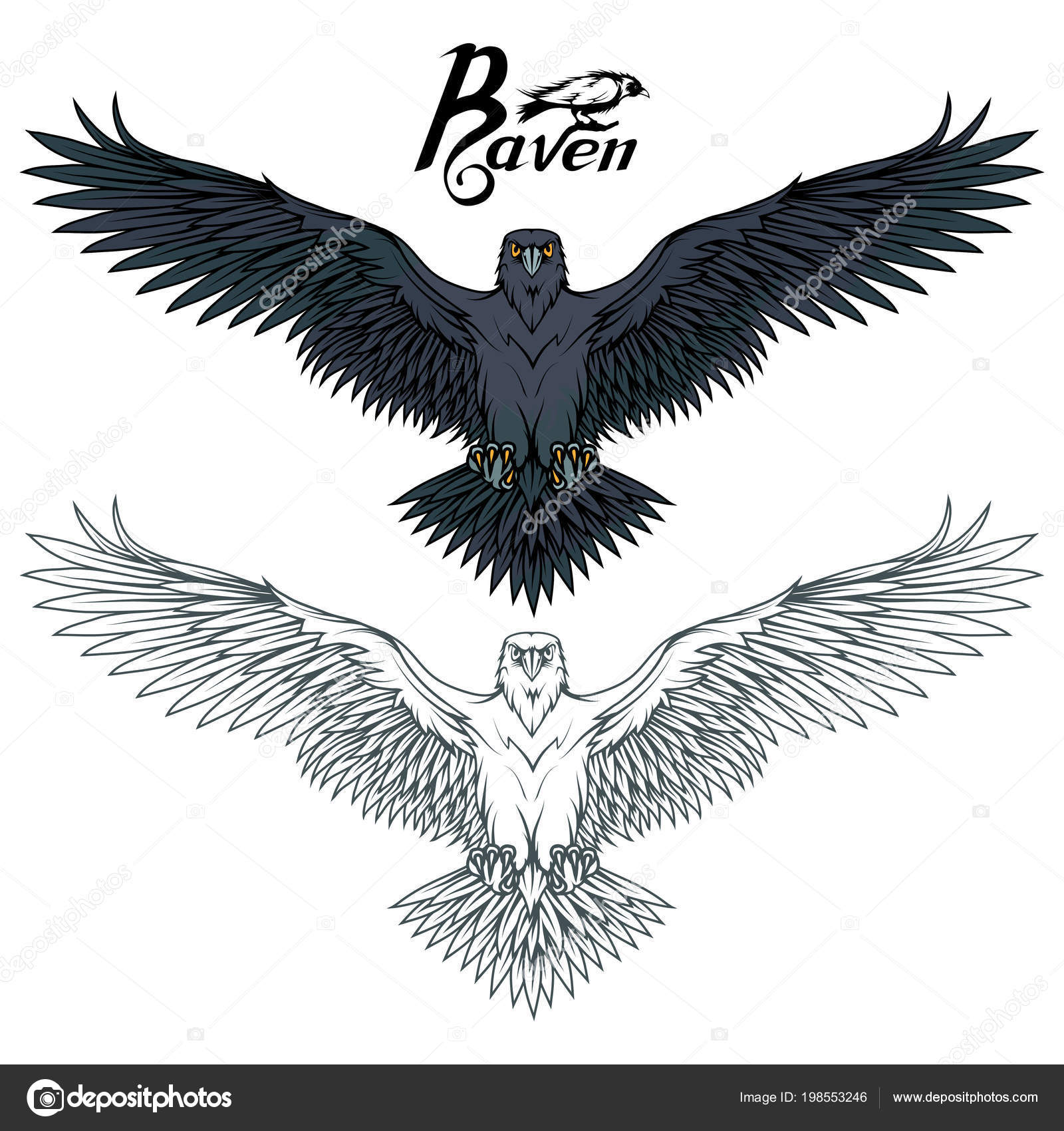 Set Different Carrion Crows Hand Drawn Raven Wild Birds Drawing Stock