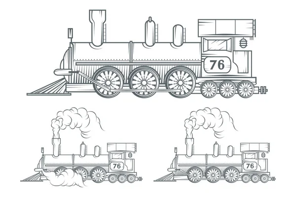 Set Van Verschillende Locomotief Oude Logo Van Trein Locomotief Tekening — Stockvector