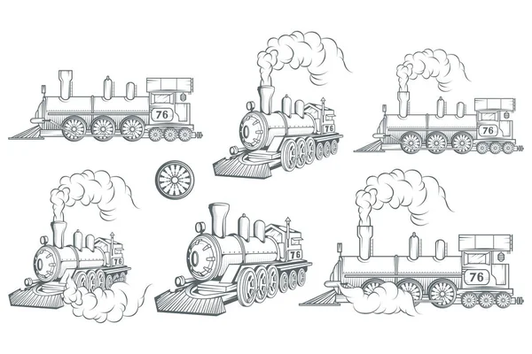 Set Different Locomotive Old Train Logo Locomotive Drawing Steam Transport — Stock Vector