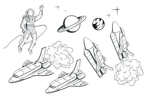 Conjunto Ilustrações Sobre Tema Espacial Ônibus Espacial Nave Espacial Desenhada — Vetor de Stock