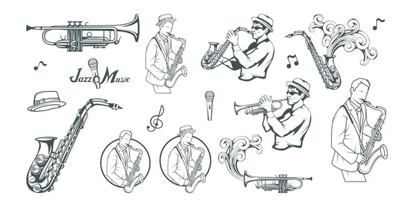 Jazz Készlet Szaxofon Lejátszó Felirat Mikrofon Sziluettjét Design Vektorgrafikus Zenész — Stock Vector