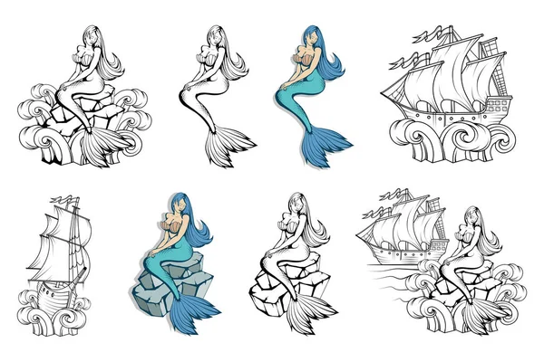 Set Sirena Illustrazione Del Mondo Magico Sirena Disegnata Mano Mondo — Vettoriale Stock