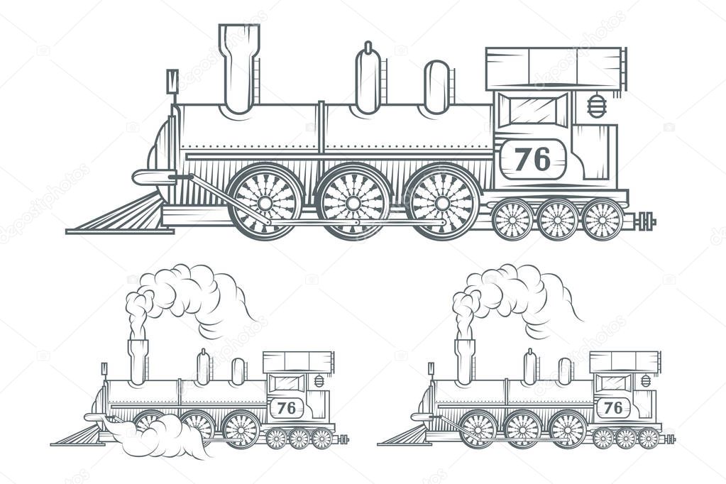 Set of different locomotive. Old train logo. Locomotive drawing. Steam transport. Vector graphics to design.
