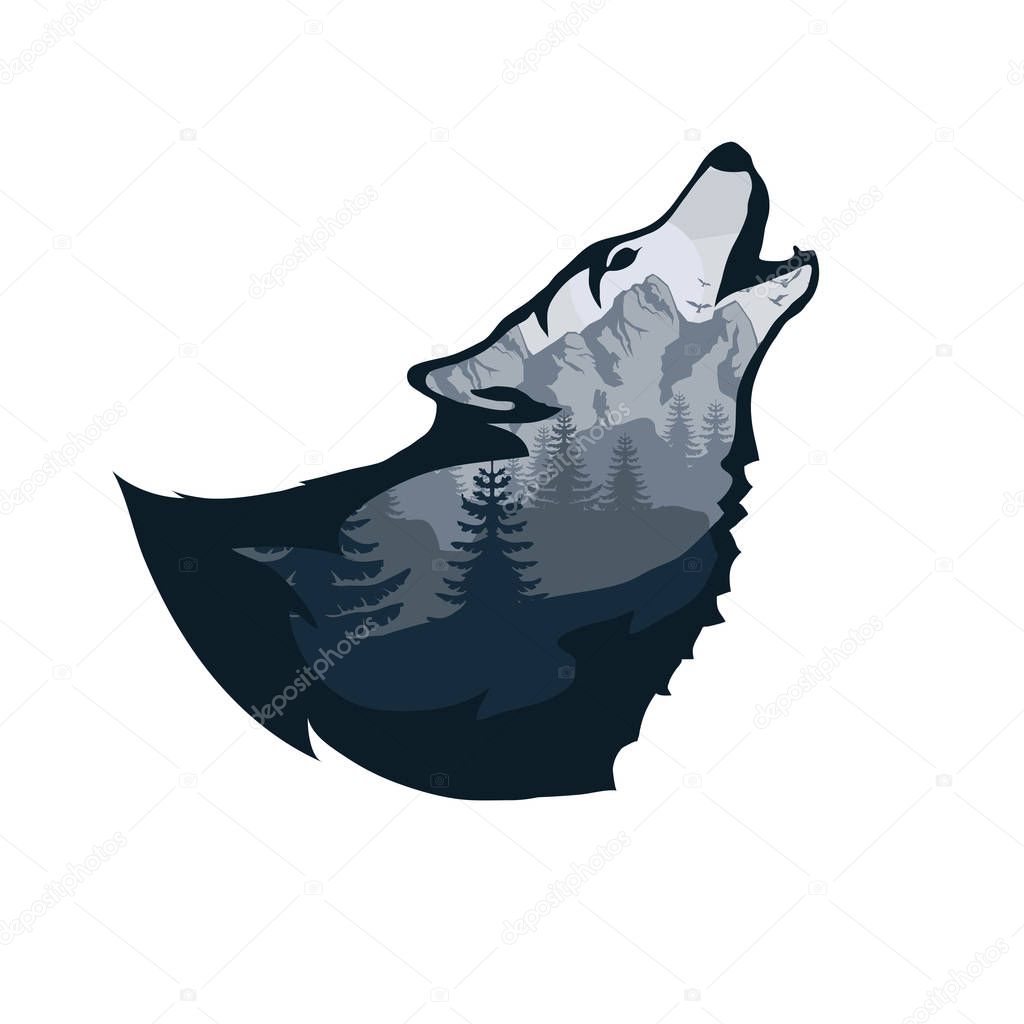 wolf double exposure. Wildlife for your design, outdoors symbol wolf double exposure