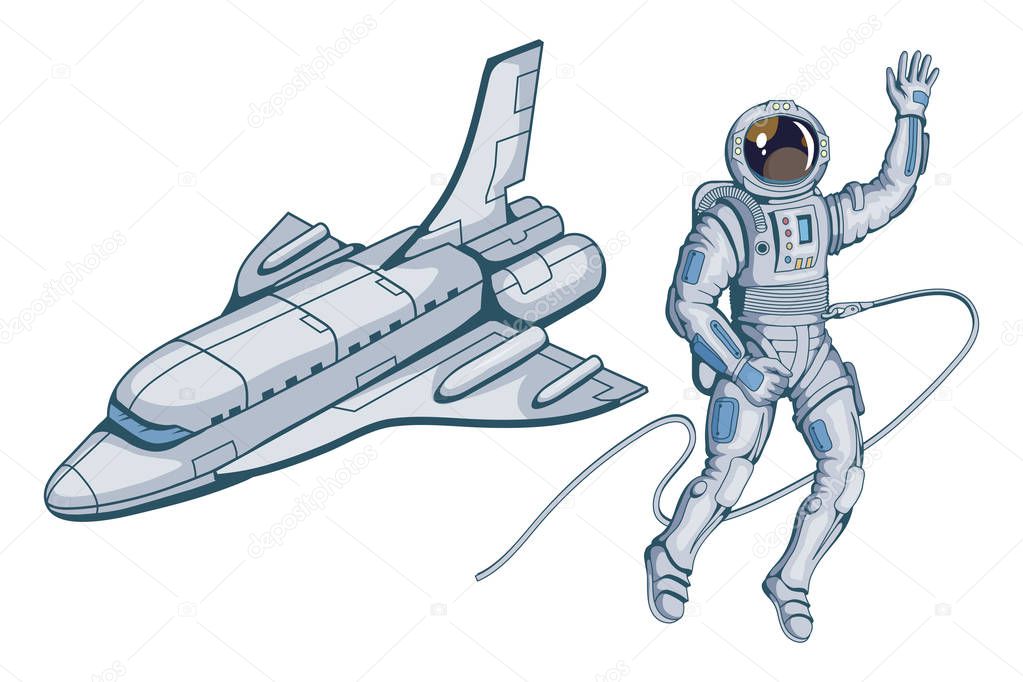 Space shuttle. Hand drawn spaceship. Space travel through the Galaxy. Vector graphics to design.