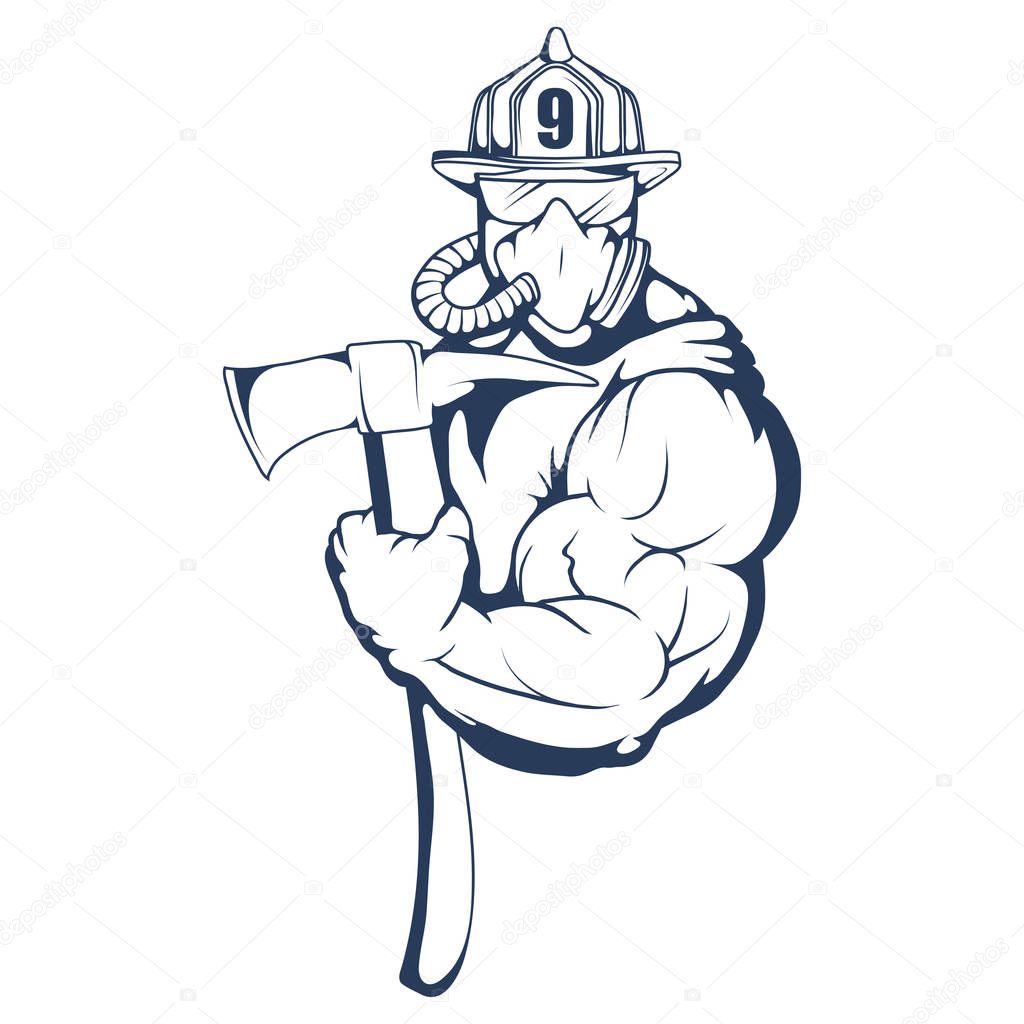 Firefighting logo. The fireman's head in a mask. Fire department label. Vector design.