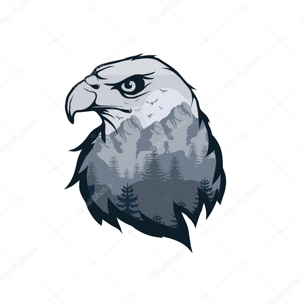 Eagle double exposure. Wildlife for your design, outdoors symbol eagle double exposure