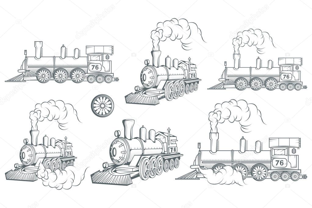 Set of different locomotive. Old train logo. Locomotive drawing. Steam transport. Vector graphics to design.