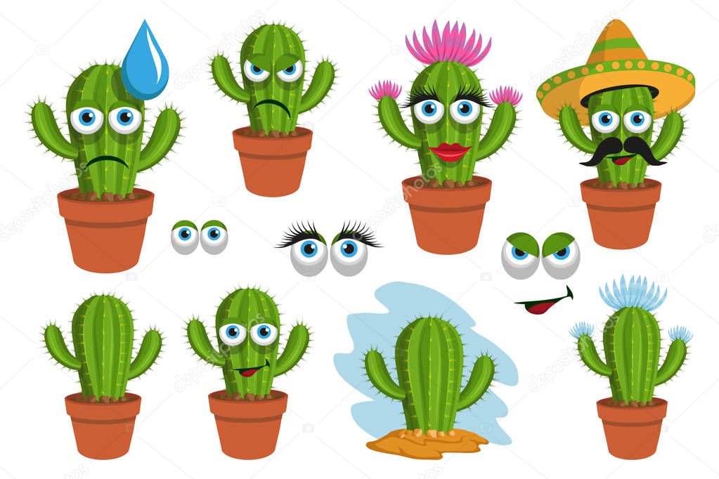 Set of cactuses. Cartoon cactus in a pot. Prickly plant. Vector graphics to design