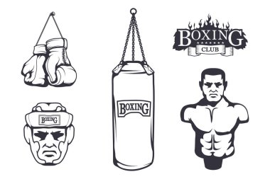 Kutu tasarımı - boks eldivenleri, boxer erkek, boks kask, boks kemer, kum torbası için farklı öğeleri kümesi. Ekipman kümesi spor. Fitness illüstrasyonlar. Spor Kulübü logosu. Vektör grafik tasarım.