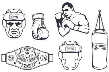 Kutu tasarımı - boks eldivenleri, boxer erkek, boks kask, boks kemer, kum torbası için farklı öğeleri kümesi. Ekipman kümesi spor. Fitness illüstrasyonlar. Spor Kulübü logosu. Vektör grafik tasarım.