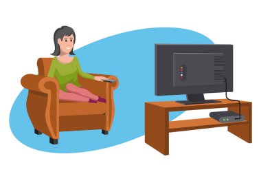 Kadın kanepede televizyon seyretmek. Akşam televizyon dizi izliyor. Oda Tv ve kanepede oturan insanlar iç. Vektör grafik tasarım.