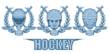 Hokey oynamak için farklı öğelerin ayarlayın. Hokey kask. Profesyonel buz pateni illüstrasyon. Hokey kask ile kafatası. Buz Oyunları logosunu görmeniz gerekir. Kaleci maskesi sopa ile. Vektör grafik tasarım.