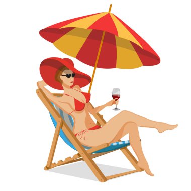 Şezlong, şemsiye güneşten koruma set yaz tatil tasarımı için. Yaz tatili. Güzel kız bir mayo ve şapka. Vektör grafik tasarım.