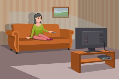 Kadın kanepede televizyon seyretmek. Akşam televizyon dizi izliyor. Oda Tv ve kanepede oturan insanlar iç. Vektör grafik tasarım.