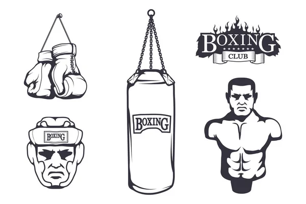 Conjunto Diferentes Elementos Para Diseño Caja Guantes Boxeo Boxeador Casco — Vector de stock