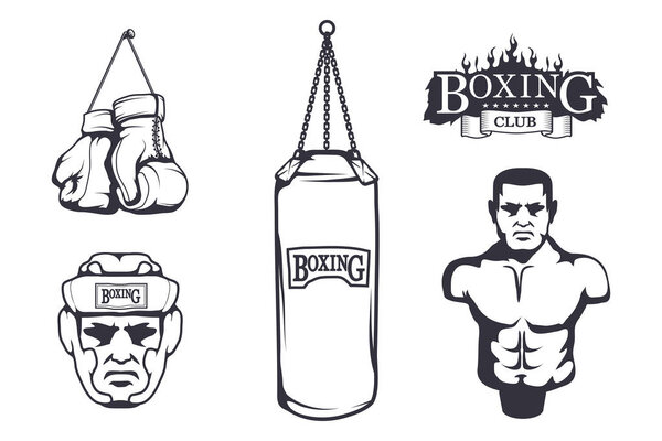 Set of different elements for box design - boxing gloves, boxer man, boxing helmet, boxing belt, punching bag. Sports equipment set. Fitness illustrations. Sport Club logo. Vector graphics to design.
