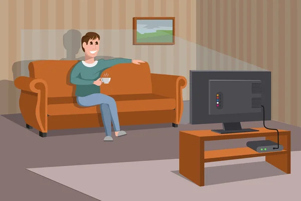 Regarde Télé Sur Canapé Soirée Regarder Des Séries Télévisées Intérieur — Image vectorielle