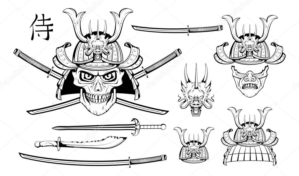 Set of different elements of samurai design - samurai mask, helmet, skull. Mask of a samurai warrior with a sword. Vector graphics to design.