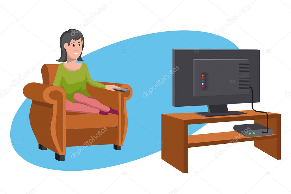 Woman watching TV on sofa. Evening watching television series. Interior of the room with TV and people sitting on the couch. Vector graphics to design.