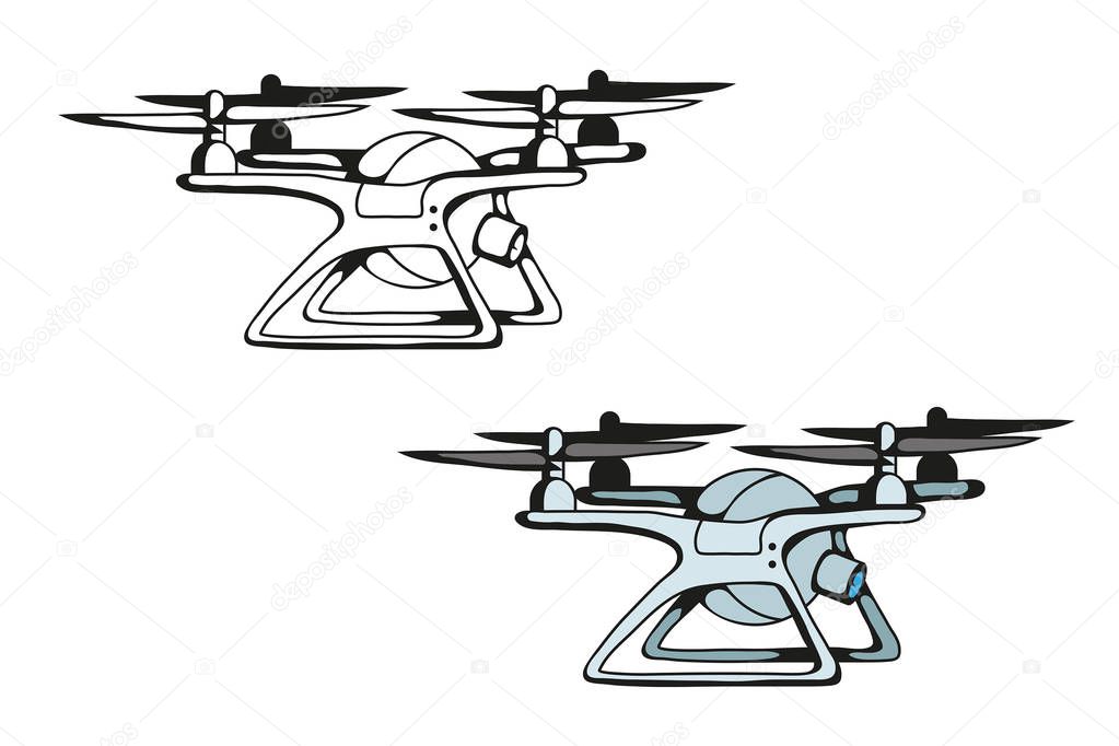 Illustrations of Drone. Drone with camera. Robotics illustration. Vector graphics to design.
