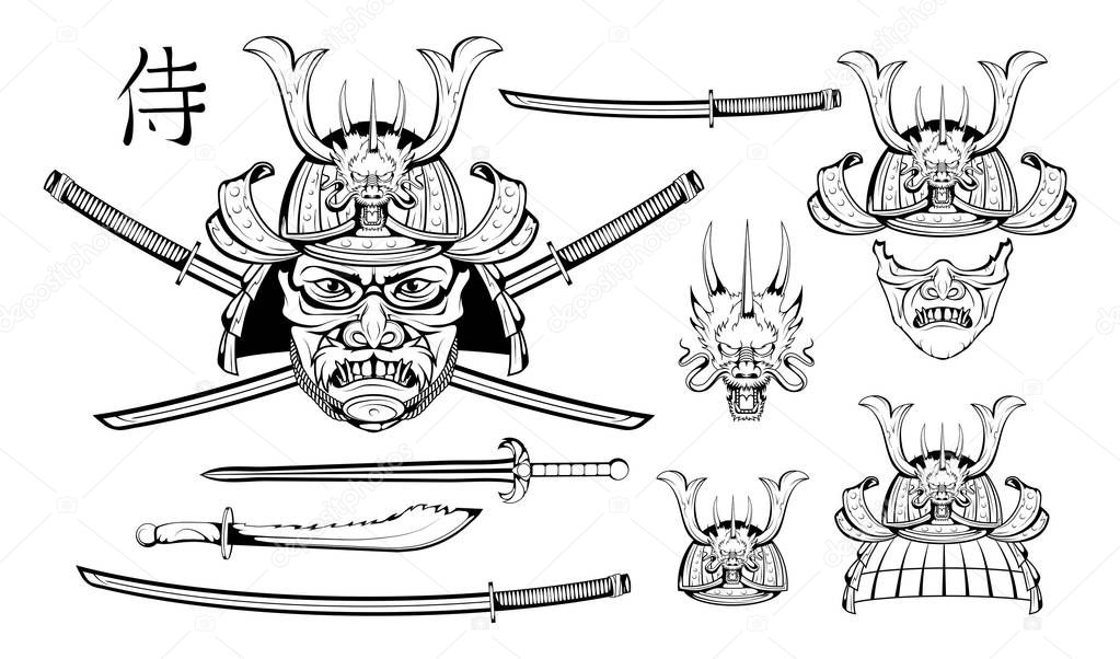 Set of different elements of samurai design - samurai mask, helmet, skull. Mask of a samurai warrior with a sword. Vector graphics to design.