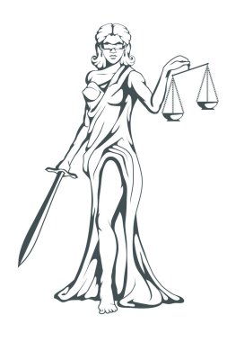 Themis - adalet antik Yunan tanrıçası. Adaletin terazisi elle çizilmiş. Femida - adalet, hukuk, sembollerin ölçekler. Terazi ve bir kılıç ellerini, gözlerini bir bandaj. Vektör grafik tasarım