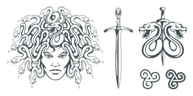 Gorgon Medusa - canavar bir kadın yüzü ve yılan saç yerine. Kılıç. Medusa başı. Yunan mitolojisinde. Geleneksel Yunan süsleme el çekilmiş. Yılan dövmesi. Vektör grafik tasarım