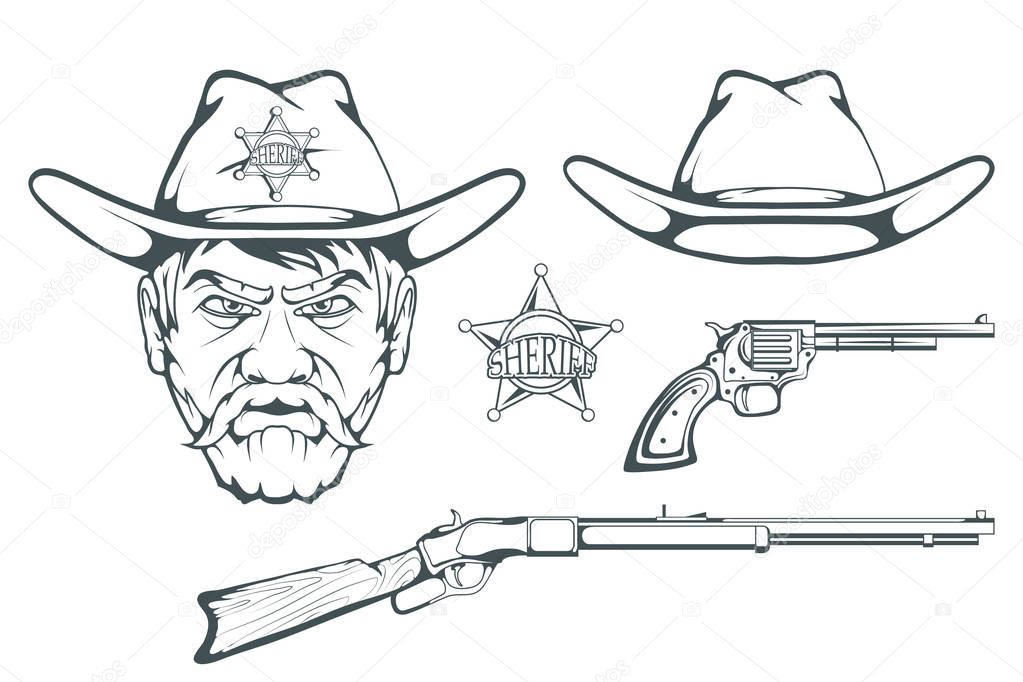 Cowboy Set for design. Hand drawn cowboy hat. Cartoon character man in the wild west. Retro Rifle and revolver. Sheriff's Badge. Western. Elements of the Wild West. Vector graphics to design