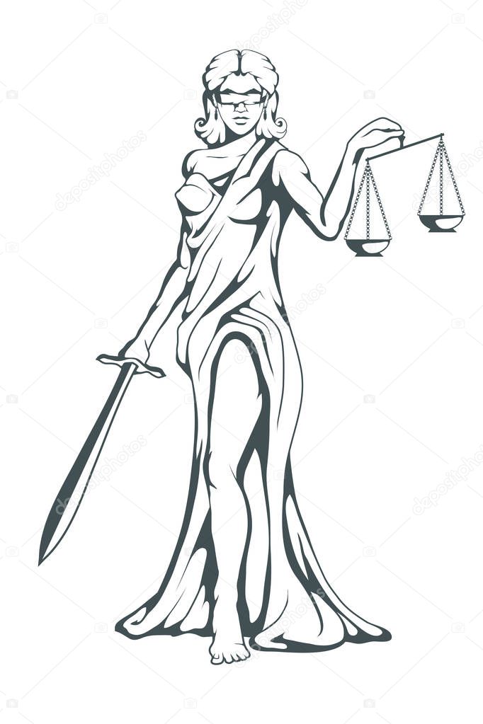 Themis - Ancient Greek goddess of justice. Hand drawn scales of justice. Symbols of the femida - justice, law, scales. Libra and a sword in hands, a bandage on eyes. Vector graphics to design