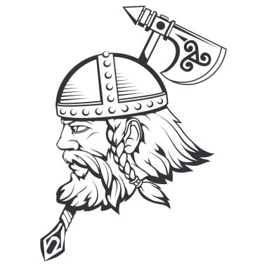 Elle çizilmiş bir Viking bir kask içinde. İskandinav geleneksel silahlar. Sakallı adam karakter karikatür. Viking dövmesi. Geleneksel İskandinav süs. İskandinav mitolojisi. Vektör grafik tasarım