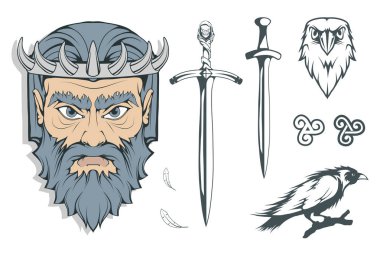 Hades - the ancient Greek god of the underworld of the dead. Greek mythology. Sword of hell and the raven. Olympian gods collection. Hand drawn Man Head. Bearded man. Vector graphics to design clipart