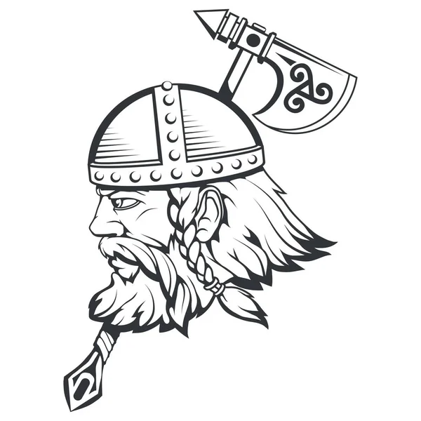 Ручная Работа Викинга Шлеме Скандинавское Традиционное Оружие Мультяшный Бородач Татуировка — стоковый вектор