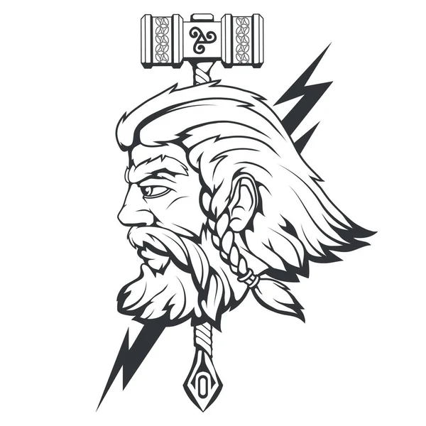 Скандинавский Бог Грома Грозы Ручной Рисунок Головы Тора Молот Тора — стоковый вектор