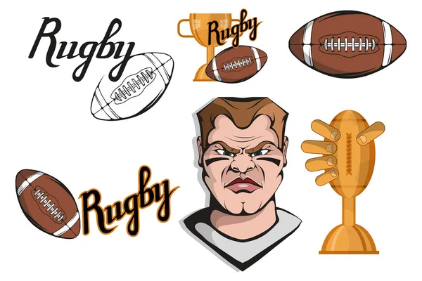 Set Football Player Design Elements Hand Drawn Rugby Player Cartoon — Vector de stoc
