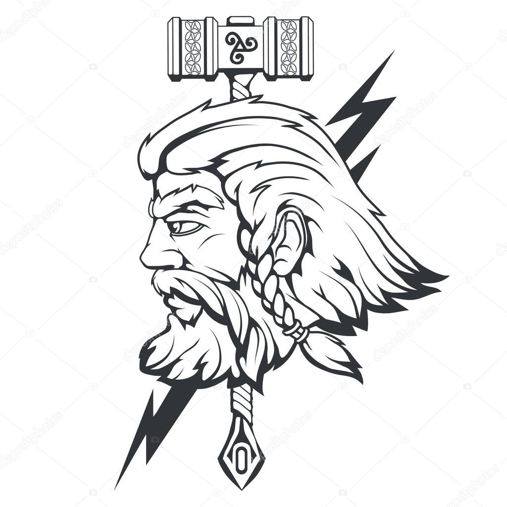 Scandinavian god of thunder and storm. Hand drawing of Thor's Head. The hammer of Thor - mjolnir. Son of Odin. Cartoon bearded man character. Norse mythology. Vector graphics to design