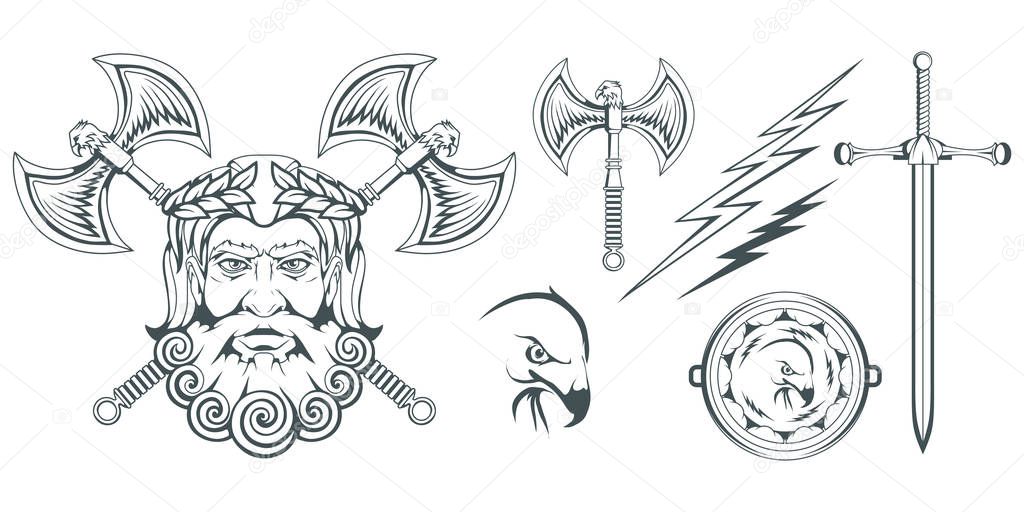 Zeus - the ancient Greek god of heaven, thunder and lightning. Greek mythology. Two-sided ax, labrys, and eagle. Olympian gods collection. Hand drawn Man Head. Bearded man. Vector graphics to design