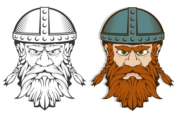 ヘルメットのバイキングの手書き 北欧の伝統的な武器 男のひげを生やした漫画のキャラクター バイキングのタトゥー 伝統的な北欧の飾り 北欧神話 ベクトル グラフィックをデザインするには — ストックベクタ