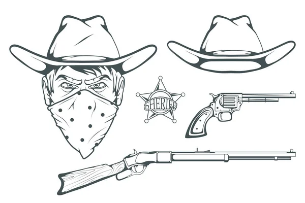 Cowboy Set Para Diseño Sombrero Vaquero Dibujado Mano Hombre Personaje — Vector de stock