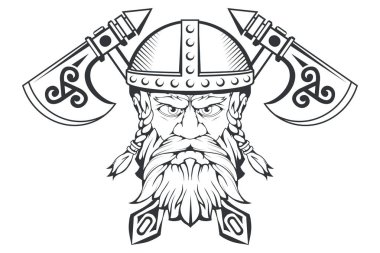 Elle çizilmiş bir Viking bir kask içinde. İskandinav geleneksel silahlar. Sakallı adam karakter karikatür. Viking dövmesi. Geleneksel İskandinav süs. İskandinav mitolojisi. Vektör grafik tasarım