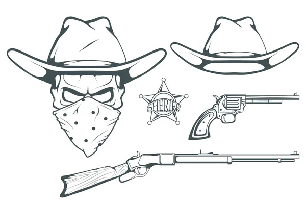 Cowboy Set Para Diseño Sombrero Vaquero Dibujado Mano Hombre Personaje — Vector de stock