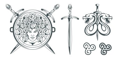 Gorgon Medusa - monster with a female face and snakes instead of hair. Sword. Medusa head. Greek mythology. Hand drawn traditional Greek ornament. Snake tattoo. Vector graphics to design clipart