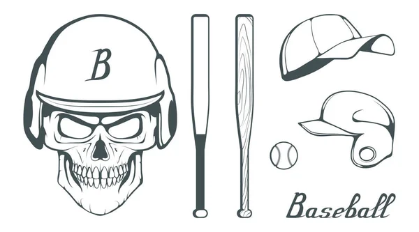 野球プレーヤー デザイン要素のセットです 手描きの野球ボールです 漫画野球ヘルメット 男性の頭を描画されます 野球のバット ベクトル グラフィックをデザインするには — ストックベクタ